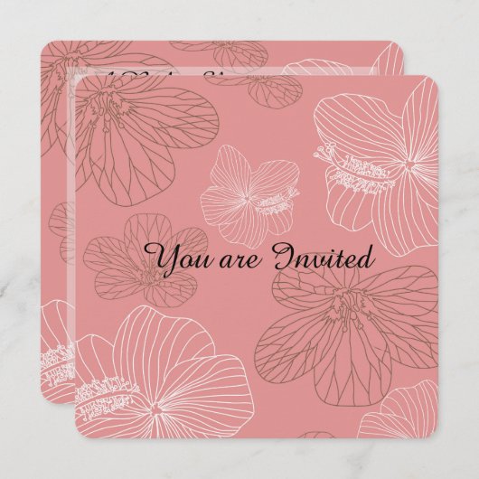 スケッチピンクのフローラ赤ちゃんシャワー 招待状 (正面/裏面)