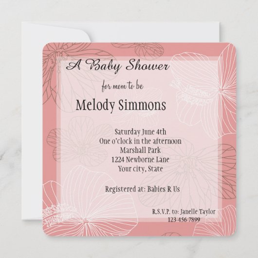 スケッチピンクのフローラ赤ちゃんシャワー 招待状 (裏面)