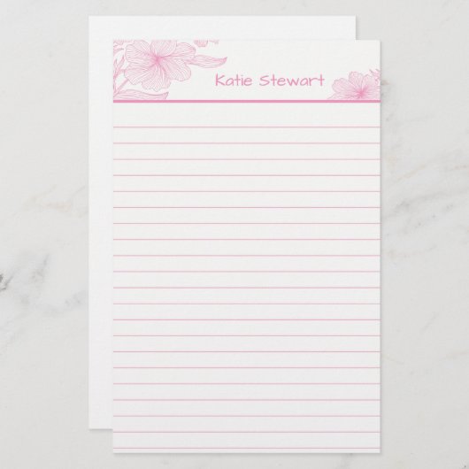 スケッチピンクの花5.5インチx 8.5インチ文房具 便箋 (正面/裏面)