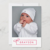 スケッチピンクボウウェルカムベビーガール 案内状 (正面)