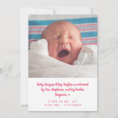 スケッチピンクボウウェルカムベビーガール 案内状 (裏面)