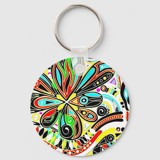 スケッチファンタジーアート – 抽象芸術花3ボタン キーホルダー (正面)