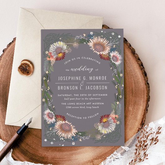 スケッチフラワーパープル結婚式招待状