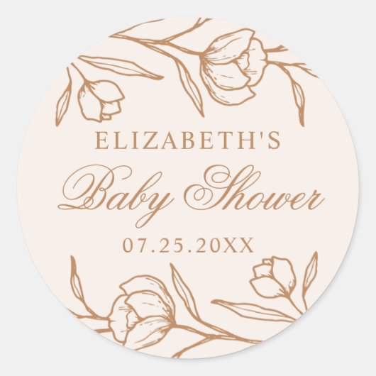 スケッチフローラアーモンドと銅ベビーシャワー ラウンドシール (正面)