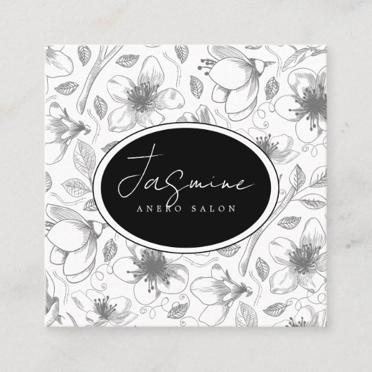スケッチフローラ輪郭パターン灰色/白ID939 スクエア名刺 (正面)