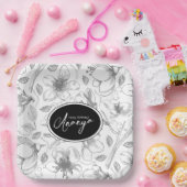 スケッチフローラ輪郭パターン灰色/白ID939 ペーパープレート (パーティー)