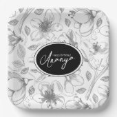 スケッチフローラ輪郭パターン灰色/白ID939 ペーパープレート (正面)