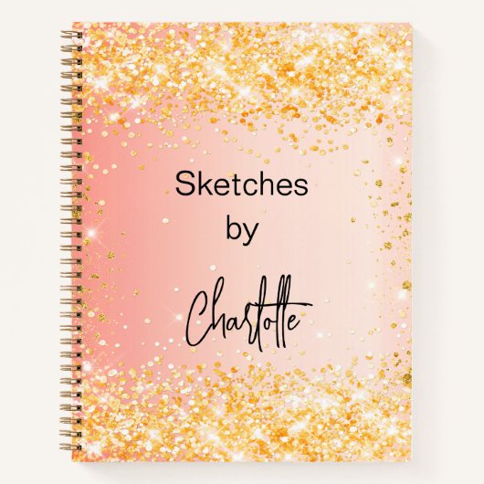 スケッチブック オレンジ ゴールド スクリプト ノートブック (正面)