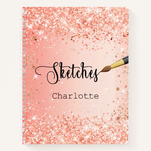 スケッチブック オレンジ ローズゴールド グリッター 名前 ペイント ノートブック (正面)