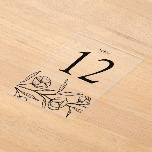 スケッチブラックフローラ結婚アクリルのテーブル番号 アクリル招待状 (レイダウン)