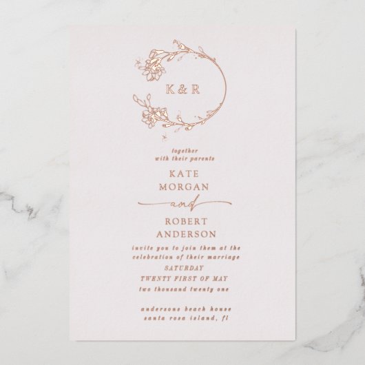 スケッチモダンフローラ結婚フォイル招待状 箔招待状 (正面)