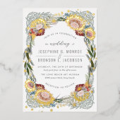 スケッチユニーク花結婚の金ゴールド 箔招待状 (正面)