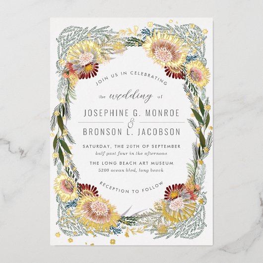 スケッチユニーク花結婚の金ゴールド 箔招待状 (正面)