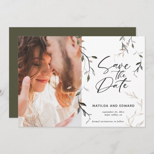 スケッチリーフ植物葉写真結婚の数 セーブザデート (正面/裏面)