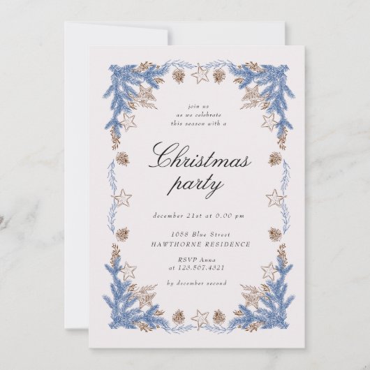 スケッチヴィンテージブルーゴールデンクリスマスパーティー 招待状 (正面)