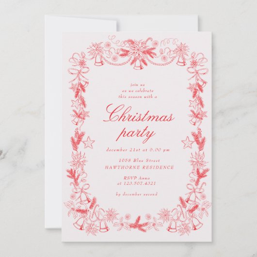スケッチヴィンテージレッドクリスマスパーティー 招待状 (正面)