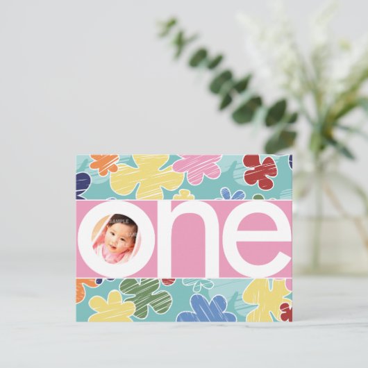 スケッチーフラワーファースト誕生日ピンク 招待状 (スタンド正面)