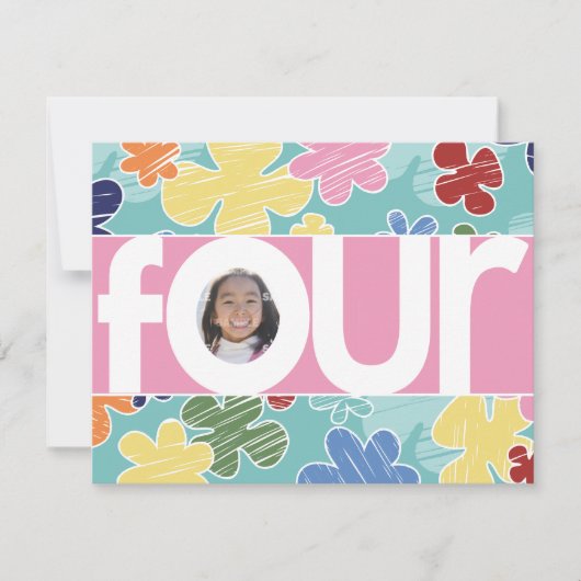 スケッチーフラワー4th誕生日パーティーピンク 招待状 (正面)