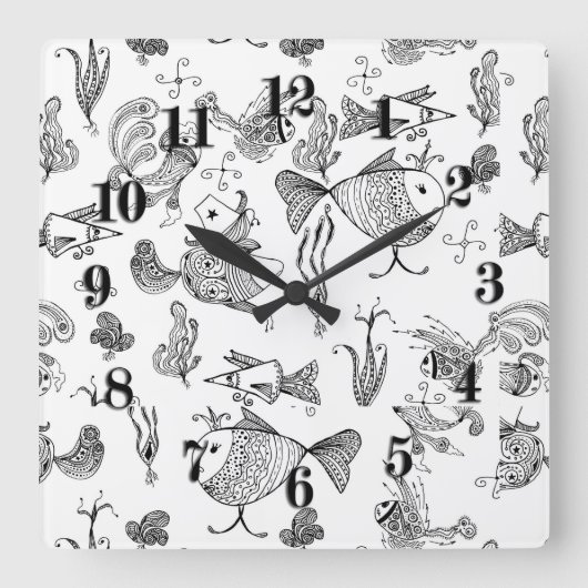 スケッチ妖精のファンタジー魚のクワ植物の海 スクエア壁時計 (正面)
