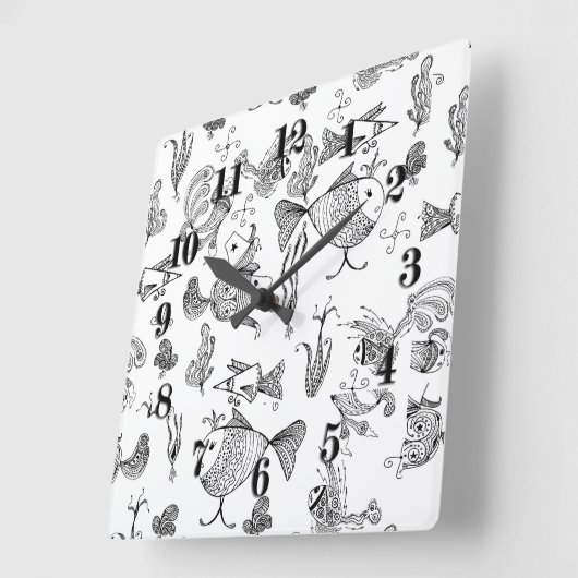 スケッチ妖精のファンタジー魚のクワ植物の海 スクエア壁時計 (傾斜)