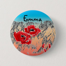 スケッチ灰色の黒い赤い花ポピーフローラグラ 缶バッジ