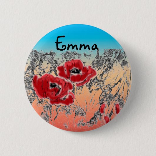 スケッチ灰色の黒い赤い花ポピーフローラグラ 缶バッジ (正面)