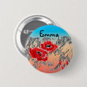 スケッチ灰色の黒い赤い花ポピーフローラグラ 缶バッジ (正面&裏面)