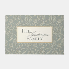 スケッチ牡丹の緑の植物花 ドアマット