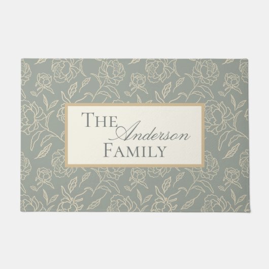 スケッチ牡丹の緑の植物花 ドアマット (正面)