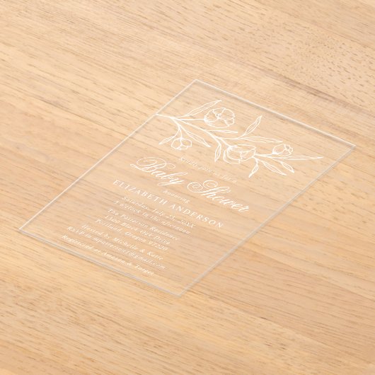 スケッチ白フローラ赤ちゃんシャワー アクリル招待状 (レイダウン)