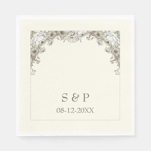 スケッチ花アイボリーヴィンテージ結婚式 スタンダードランチョンナプキン (正面)