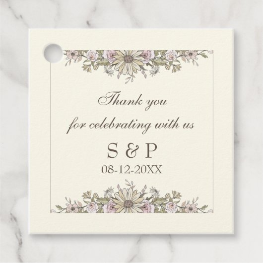 スケッチ花アイボリーヴィンテージ結婚式 フェイバータグ (正面)