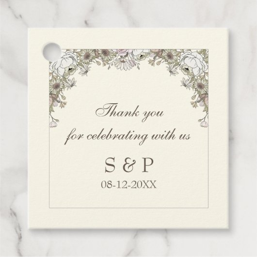 スケッチ花アイボリーヴィンテージ結婚式 フェイバータグ (正面)