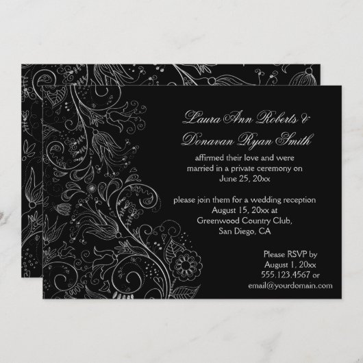 スケッチ銀が黒の木に花結婚を巻く 招待状 (正面/裏面)