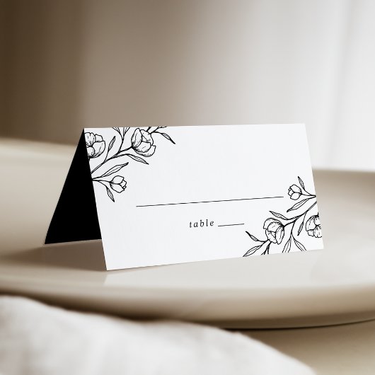 スケッチ風の花の黒と白の結婚式 プレイスカード