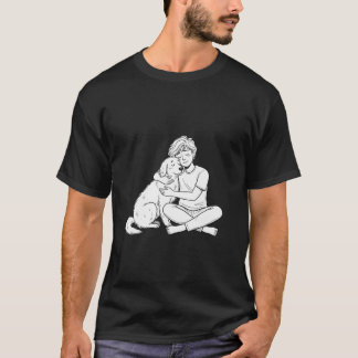 スケッチ風の落書き人物と犬のハグ Tシャツ