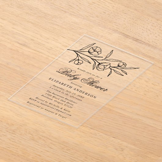 スケッチ黒フローラ赤ちゃんシャワー アクリル招待状 (レイダウン)