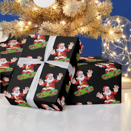 スケボーに乗ったサンタの面白い柄 クリスマス ラッピングペーパー (クリスマス)