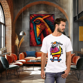 スケボーに乗った不機嫌なブルドッグのキャラクターTシャツ Tシャツ