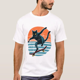 スケボーに乗った猫のレトロなイラスト オレンジ色の夕焼け Tシャツ