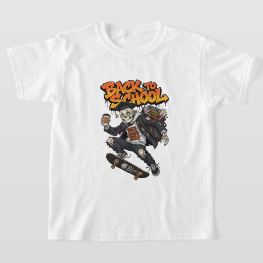 スケボーに生まれて勉強させられた おかしいスケルトン Tシャツ (レイダウン)