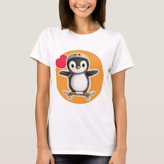 スケボーを持つかわいいペンギン Tシャツ (正面)