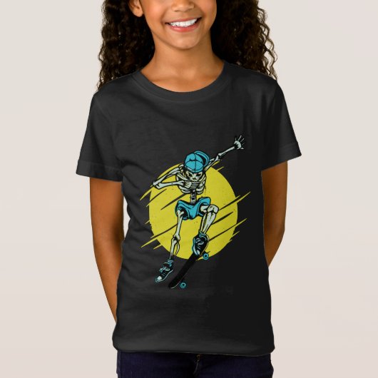 スケボー好きなスケルトンのイラストデザイン Tシャツ (正面)