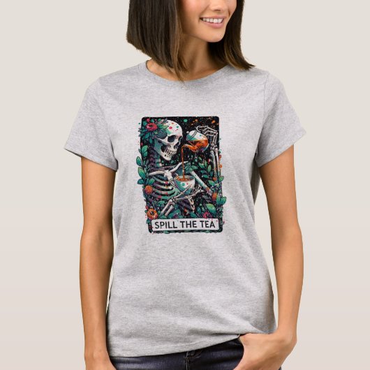 スケルトンおもしろいが茶のタロットをこぼす動揺して Tシャツ (正面)