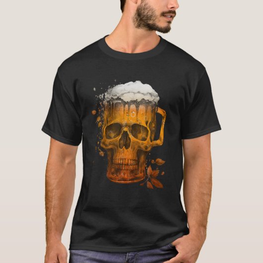 スケルトンおもしろいスカル飲みビアハロウィーン Tシャツ (正面)