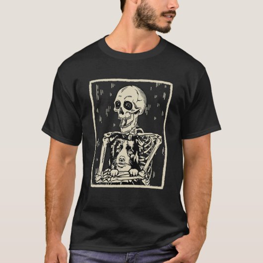 スケルトンおもしろいハグス縁どコリードッグハロウィーン Tシャツ (正面)