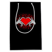 スケルトンおもしろいハンドハートバレンタインデー ミディアムペーパーバッグ (正面)