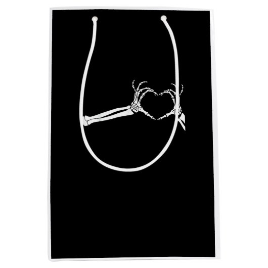 スケルトンおもしろいハートハンド。ハロウィーンのコスチューム ミディアムペーパーバッグ (正面)