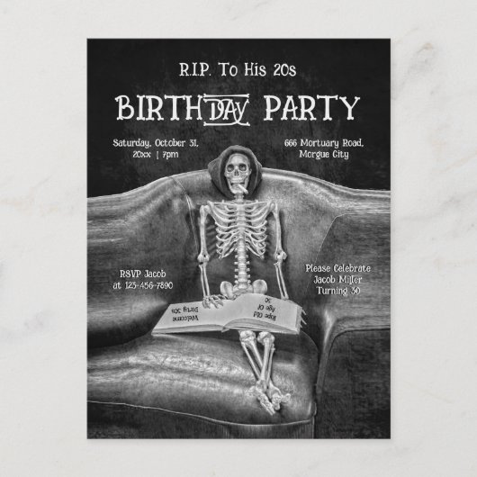 スケルトンおもしろいヴィンテージゴシックRIP To His 20s インビテーションポストカード (正面)
