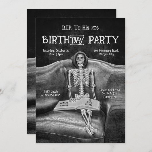 スケルトンおもしろいヴィンテージゴシックRIP To His 20s 案内状 (正面/裏面)